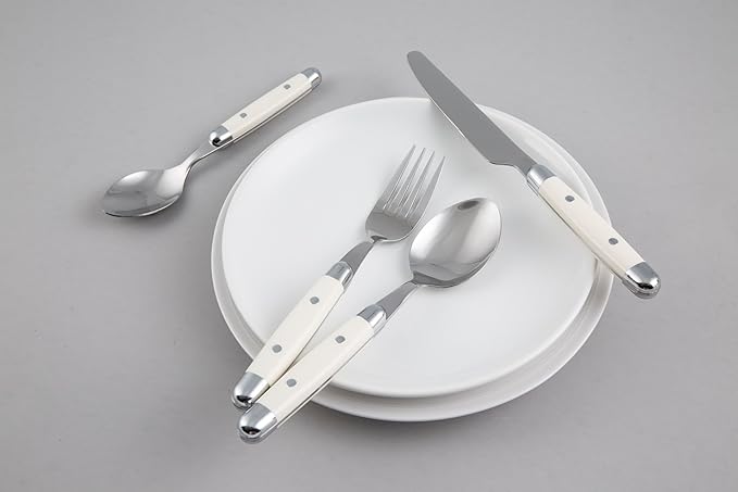 Cambridge Silverware Set, Jubilee White 16-Piece Flatware Set, Service for 4, 18/0 Stainless Steel, Silver Mirror Finish Beige Handles, Knives Spoons and Forks set, Dishwasher Safe, (Beige, 16 Pieces)
