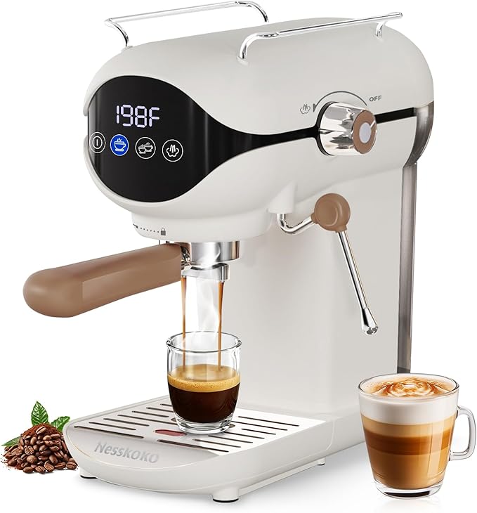 Espresso Machine with Steam Milk Frother Semi Automatic 20 Bar Compact White with Touch Screen for home Cafetera Espresso, Latte, Cappuccino, Americano, Macchiato