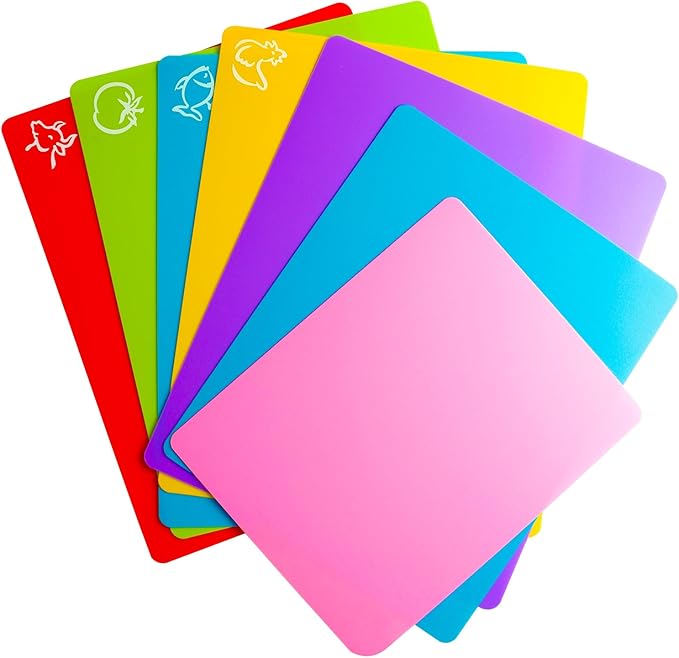 Flexible Cutting Board mats, Plastic Cutting Boards for Kitchen Cooking, Cutting board sheets for Meat and Vegetables, Dishwasher Safe Set of 7Pcs