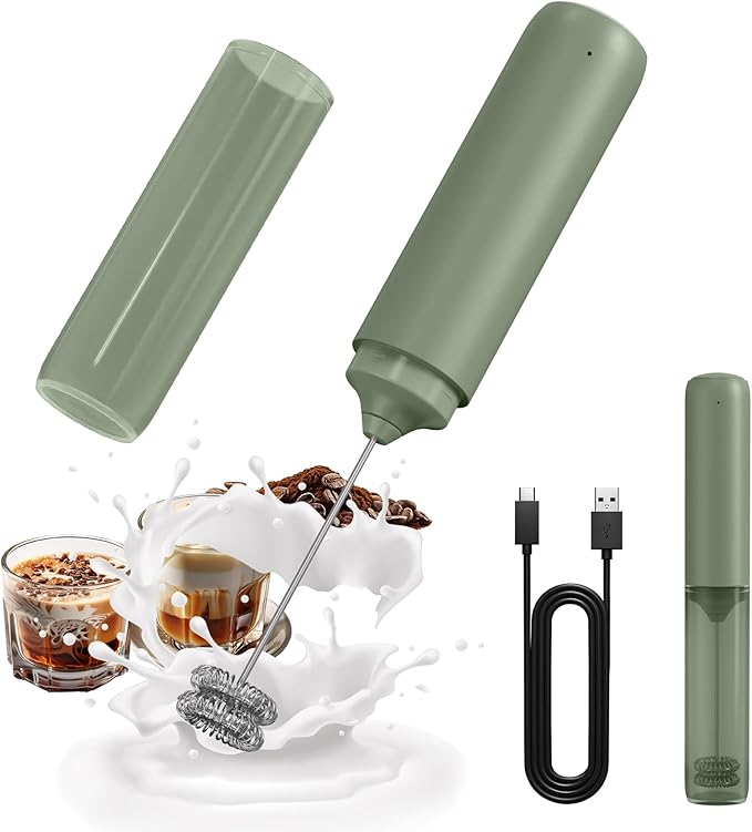 CIRCLE JOY Rechargeable Milk Frother Hanheld, Dual Ring Electric Coffee Frother, Portable Hand Frother Wand Drink Mixer for Matcha Lattes Cappuccino, Kitchen Gifts, Green