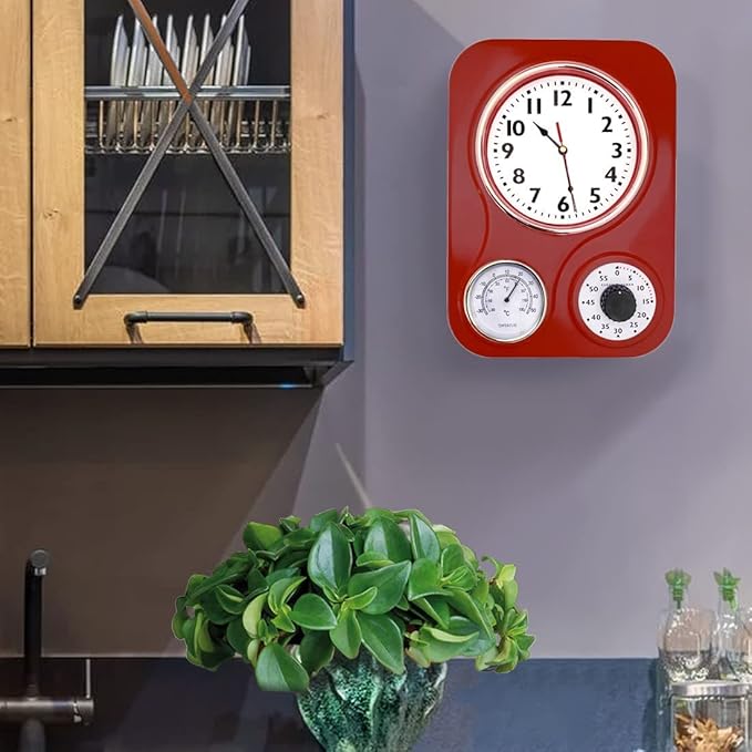 Lily's Home -9.5 Inch x 12.5 Inch -Retro Kitchen Wall Clock, Vintage Wall Clock with a Thermometer and 60-Minute Timer, Ideal for Any Kitchen, Office, or Diner (Retro Red)