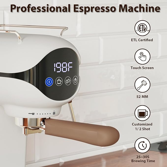 Espresso Machine with Steam Milk Frother Semi Automatic 20 Bar Compact White with Touch Screen for home Cafetera Espresso, Latte, Cappuccino, Americano, Macchiato