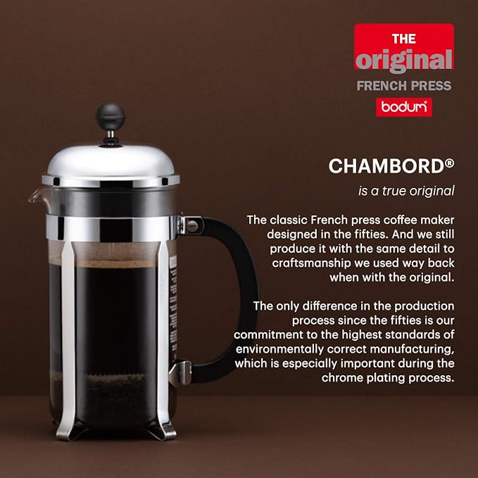 Bodum 34oz Chambord French Press Coffee Maker, High-Heat Borosilicate Glass, Stainless Steel, White – Made in Portugal