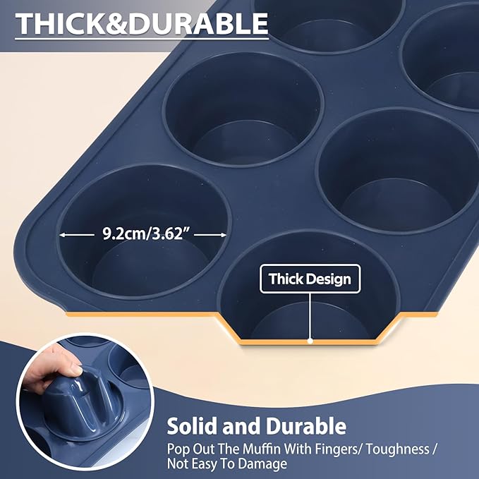 Jumbo Silicone Muffin Pan with Metal Frame, Non Stick Silicone Cupcake Pan with Handles 6 Cup, BPA Free Silicon Muffin Tin Tray Extra Large for baking, egg bites, Cupcake Mold Grey