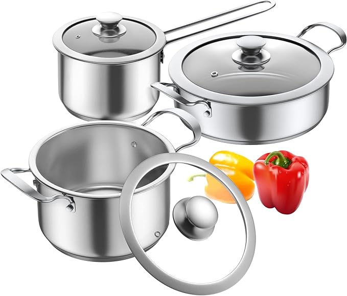 Aufranc Stainless Steel pots and pans set, 6 Piece Nonstick Kitchen Induction Cookware Set,Works with Induction/Electric and Gas Cooktops, Nonstick, Dishwasher