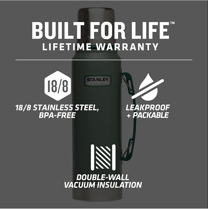 Stanley Heritage Classic Vacuum Bottle with Handle 1.1 qt | Wide Mouth w/Leakproof Cup Lid | Keep Drinks Hot or Cold | Insulated Stainless Steel Thermal Bottle | BPA-Free | Hammertone Green