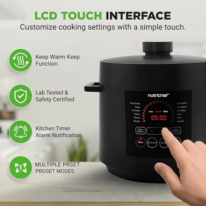 NutriChef Electric Pressure Cooker 6 Quart Capacity | 9 Function Digital Countertop Pressure Cooker | Adjustable Time & Temperature | Cook, Bake, Steam, Broil, & Braise | 13.1 x 11.4 IN | Black