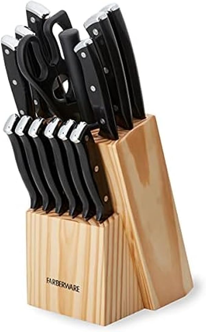 Farberware Triple Riveted Knife Block Set, 15-Piece, Black Pine, High Carbon-Stainless Steel Blades, Ergonomic Handles, Includes Natural Pinewood Block