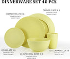 Wheat Straw Dinnerware Set 40-Piece Service for 8 Unbreakable Dishes Set Plates and Bowls Sets Drinking Glasses Microwave Safe Dish Set Lightweight Dinnerware Set for Home & Kitchen - Yellow