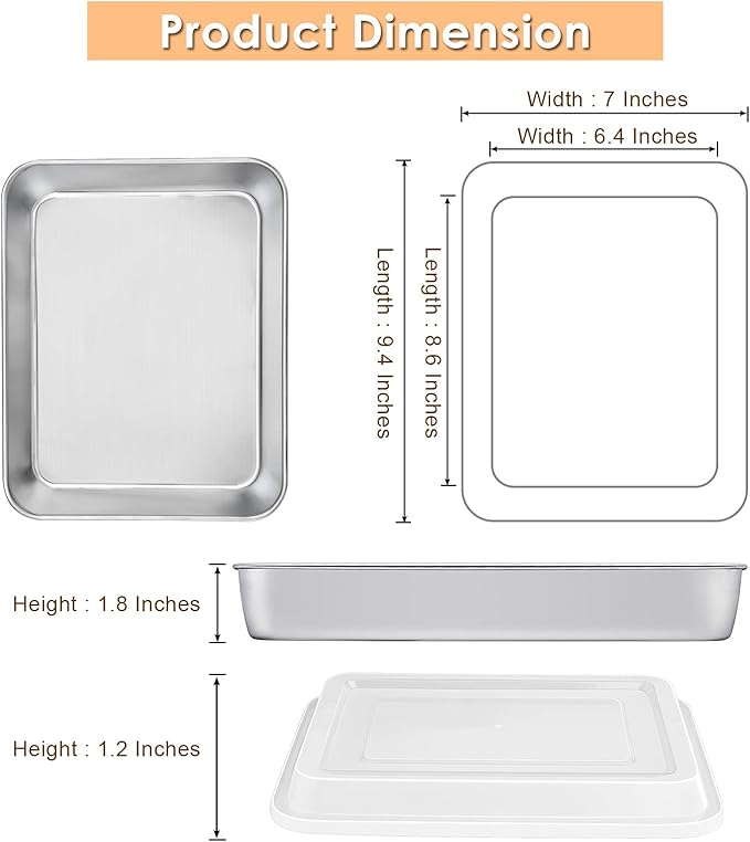 E-far Small Baking Pan with Lid, 9.4”x 7” x 2” Stainless Steel Rectangle Sheet Cake Pans for Toaster Oven, Metal Covered Bakeware for Cakes Brownies Casseroles, Non-toxic & Dishwasher Safe - Set of 2