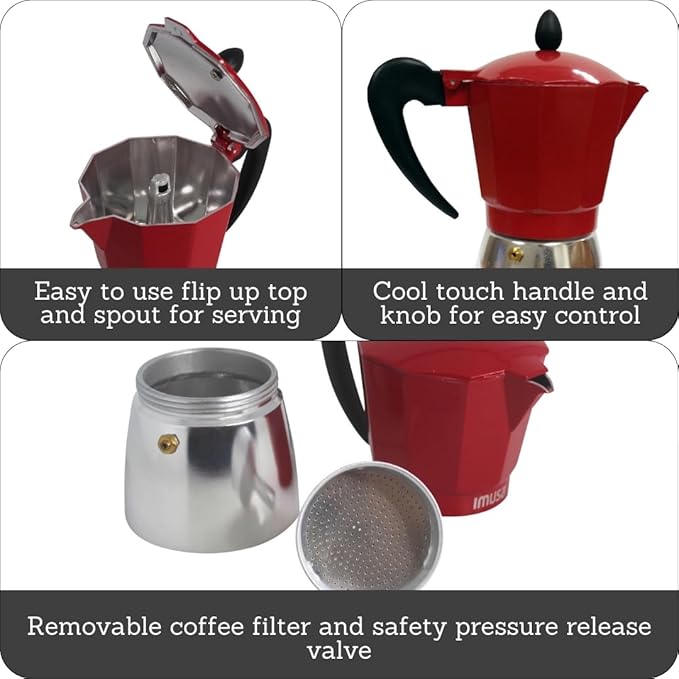 IMUSA USA B120-42T Aluminum Stovetop Coffeemaker, Espresso Machine, 3-Cup, Red