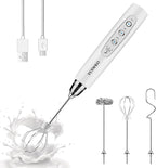 YUSWKO White Handheld Milk Frother Wand for Coffee, Rechargeable Electric Whisk with 3 Heads 3 Speeds Drink Mixer Coffee Frother For Latte, Cappuccino, Hot Chocolate, Egg