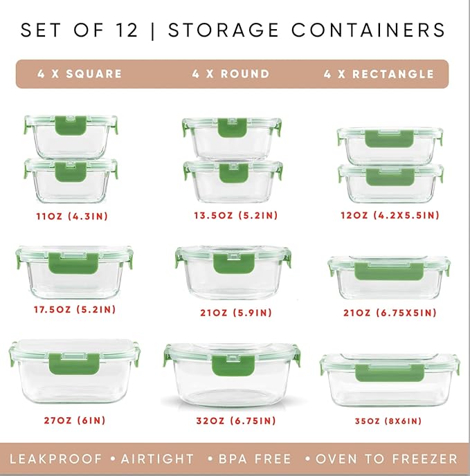JoyJolt 24pc Borosilicate Glass Storage Containers with Lids | 12 Airtight/Freezer Safe Food Storage Containers for Pantry and Kitchen | Meal Prep Container for Lunch | Glass Tupperware Set