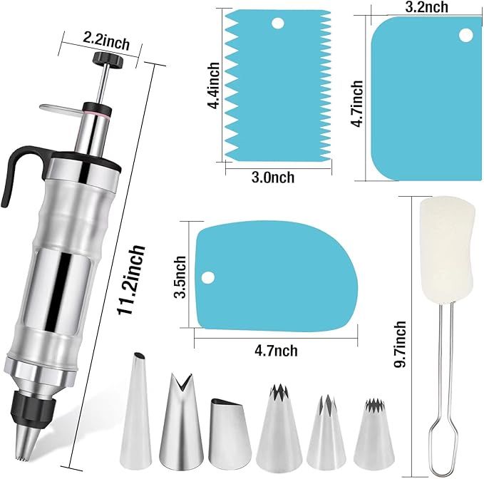 Dessert Decorating Syringe Set Frosting Piping Kit Stainless Steels Cake Decorating Tool 6 Russian Piping Icing Nozzles Cream Scraper Cupcake Frosting Filling Injector Cake Icing Tools