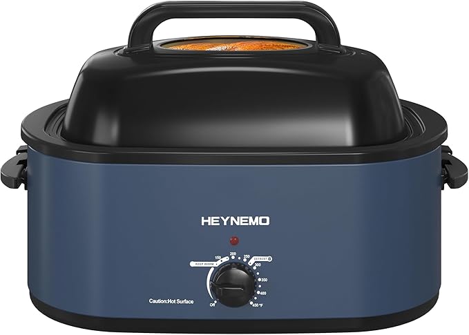 26 Quart Electric Roaster Oven with Visible & Self-Basting Lid, Large Turkey Roaster with Defrost Warm Function, Adjustable Temperature, Removable Pan Rack, Stainless Steel, Blue