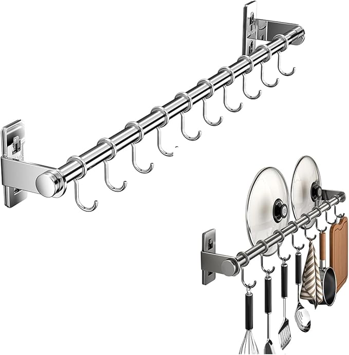 Hanging Wall Mount knife Wall Mount, Kitchen Organizer Storage Shelf for Utensils Spatula Spoon, Space-Saving Knife Rack with Hooks,Wall-Mounted Utensil Holder (Grey, 60CM+Single Pole+10Hooks)