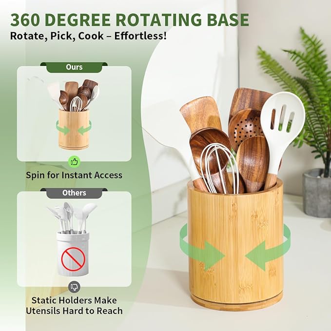 Wooden Utensil Holder, 360°Rotating 7.3'' Large Utensil Holder for Kitchen Counter, Kitchen Utensil Organizer, Utensil Crock, Farmhouse Kitchens Countertop Decor, Bamboo Wood