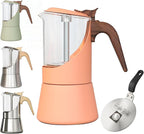 Glass Moka Pot for Stovetop & Induction - Italian Espresso Maker with Wood Handle & Leak-Proof Design - Comes with Induction Heat Diffuser Plate (6 Cup, 240ml)