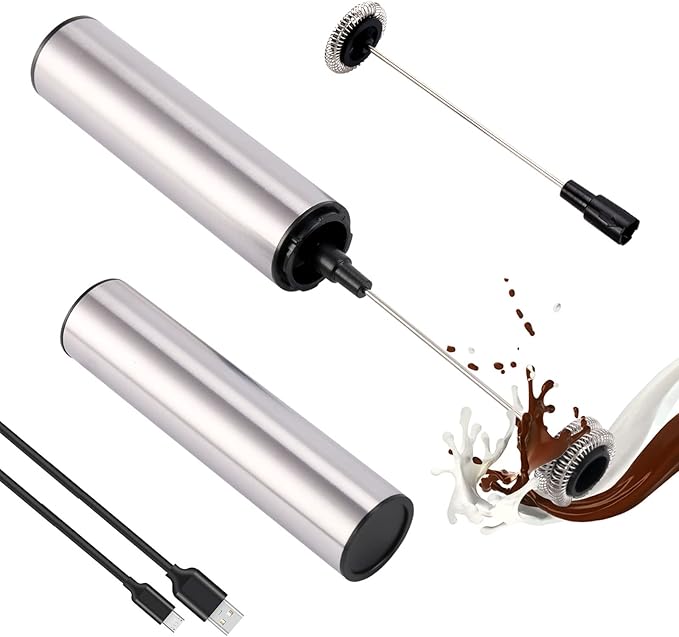 Micro Rechargeable Foamer| Handheld Battery Operated Milk Frother for Coffee| Travel Drink Mixer with Patent 2 Stainless Steel Whisk Heads| Keto Coffee, Latte, Cappuccino, Hot Chocolate| Silver