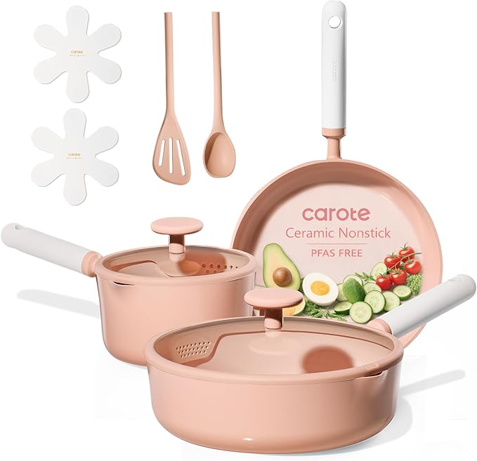 CAROTE Ceramic Cookware Set Nonstick, 9pcs Pots and Pans Set Non stick, Non-Toxic & PFAS-Free,Dishwasher, RV/Camping Cookware Set,Sauce Pan with Lid, Pink