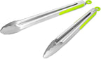 304 Stainless Steel Kitchen Cooking Tongs, 12" and 14" Set of 2 Sturdy Grilling Barbeque Brushed Locking Food Tongs with Ergonomic Grip, Green