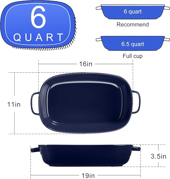 6 Quart Large Rectangular Baking Dish, 16x11 Inches Ceramic Baking Pan Casserole Dish for Cooking,Kitchen and Daily Use, Safe for Oven Microwave Refrigerator Disinfection Cabinet and Dishwasher,Blue