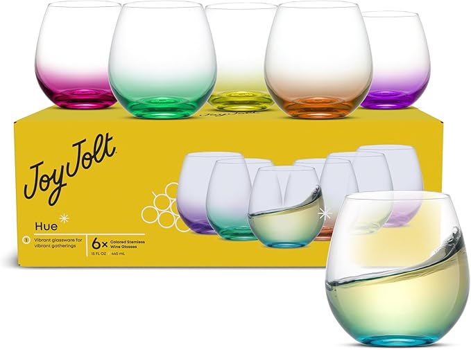 JoyJolt Hue Stemless Wine Glass Set, Large 15 oz Stemless Wine Glasses Set of 6 for White Red or Water, Short Glass Tumblers, No Stem Margarita Glasses, Colored Tumbler