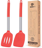 Pack of 2 Silicone Solid Turner, Non Stick Slotted Kitchen Spatulas, High Heat Resistant BPA Free Cooking Utensils, Ideal Cookware for Fish, Eggs, Pancakes(Red)