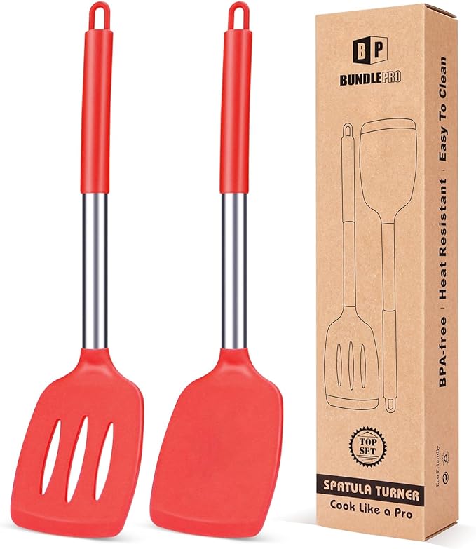 Pack of 2 Silicone Solid Turner, Non Stick Slotted Kitchen Spatulas, High Heat Resistant BPA Free Cooking Utensils, Ideal Cookware for Fish, Eggs, Pancakes(Red)