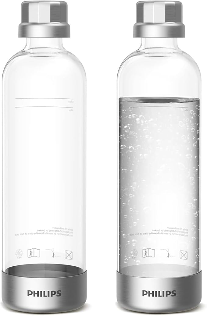 PHILIPS Carbonating Bottles ADD916/37, 1L Twin Pack Reusable PET Sparkling Water Bottles Compatible Sparkling Water Maker, 2 Pack for ADD4902BKOQ/37, ADD4902WHOQ/37 and ADD4901GROQ/37, ADD4901BKOQ/37