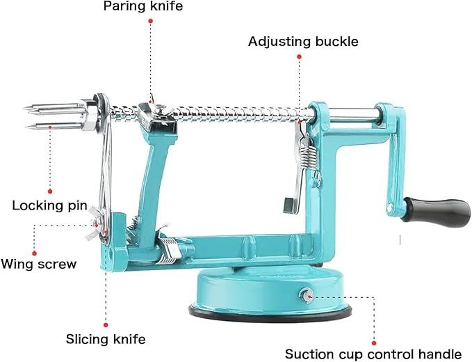Apple Peeler Corer, Long lasting Chrome Cast Magnesium Alloy Apple Peeler Slicer Corer with Stainless Steel Blades and Powerful Suction Base for Apples and Potato(Blue)