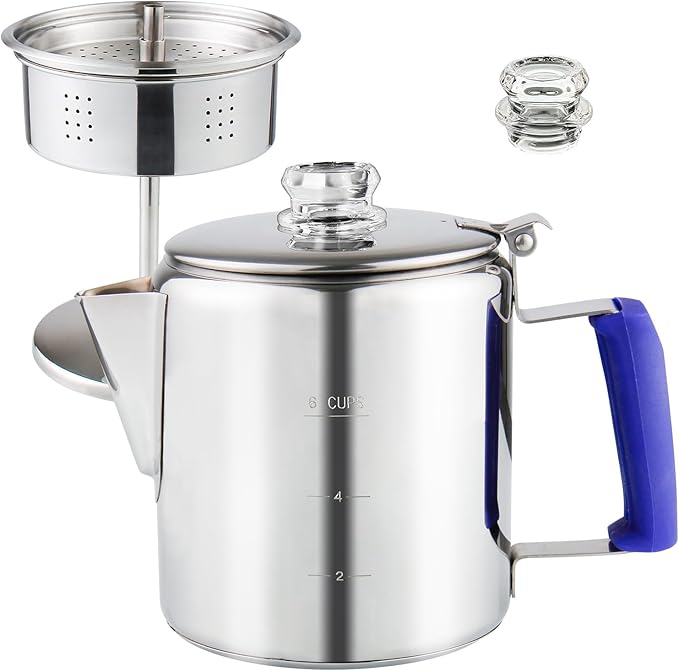 Multi Use Percolator Coffee Pot Stainless Steel Stove Top Coffee Maker with Two Tough Borosilicate Glass Knob Silica Handle Camping Coffee Pot Using on Campfire Stove & Induction Cooker Silver 6 Cup