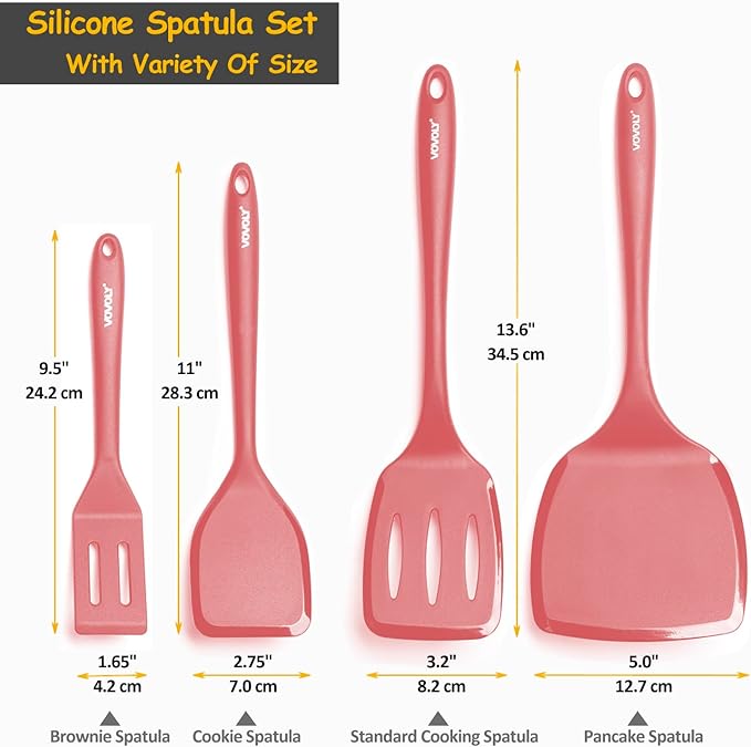 Silicone Spatula Set, 600°F Heat Resistant Silicone Spatula Turner Flipper for Cooking, Non Stick and Non Scratch Kitchen Utensils for Eggs & Pancakes, 4 Pack, Red