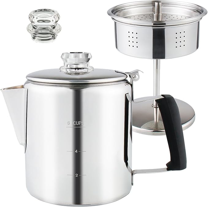 Multi Use Percolator Coffee Pot Stainless Steel Stove Top Coffee Maker with Two Tough Borosilicate Glass Knob Silica Handle Camping Coffee Pot Using on Campfire Stove & Induction Cooker Silver 6 Cup