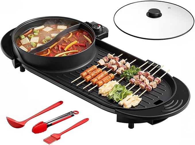 AORAN 2200W Electric Grill & Hot Pot Combo with Dual Zone Control - 26.6" Large Yin-Yang Nonstick Skillet, Indoor Smokeless BBQ Grill for Family Party, Adjustable Temperature & Easy Clean
