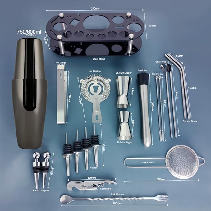 22-Piece Cocktail Shaker Set, 25/20oz Bartender Kit, Bartending Stainless Steel Bar Tools Sets for Drink Mixing, Boston Cocktail Shakers with Stand Recipes Booklet (Black-25-20oz)
