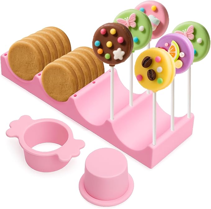 Juome Round Cake Pop Mold with 9 Inch Tray Stand, ABS Cake Pop Cutter and Pusher Set, Circle Cake Pop Maker Kit, Baking Molds for Birthday Parties, Home Baking Desserts