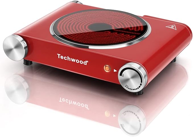 Hot Plate, Techwood Single Burner for Cooking, 1200W Portable Infrared Ceramic Electric Stove with Adjustable Temperature, 7.1” Cooktop for Home/RV/Camp, Compatible for All Cookwares, Red