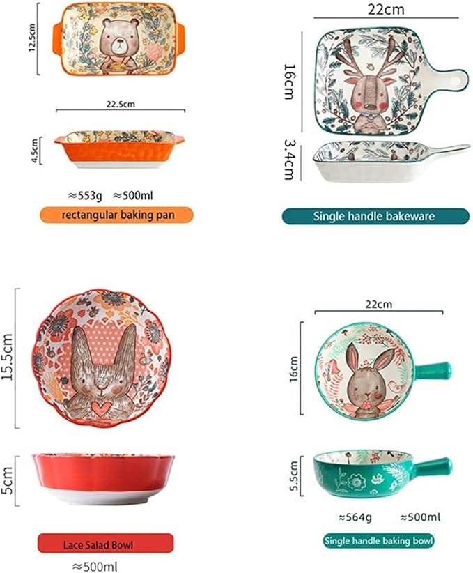 Ceramic Baking Pan, Forest Animals Pattern Tableware With Handle Salad Bowl Au Gratin Dish(Bear rectangular)