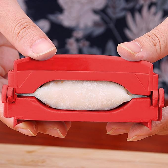 Mobestech Dumplings Maker Tools Set with 4 Red Plastic Dumpling Molds and Spoons Kitchen Gadget for Family Cooking