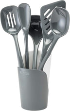 Hutzler 6-piece Melamine Cooking Utensils Set, Includes a 12-inch Long Slotted Spoon, Solid Spoon, Mixing Spoon, Slotted Turner, Soup Ladle, and Storage Crock, Gray