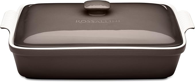 ROSSALLINI Stoneware Casserole Dish Bakeware Set with Lid, Covered Rectangular Dinnerware, Large 3.2 Quart, 11 by 9 Inch [Oyster Grey]