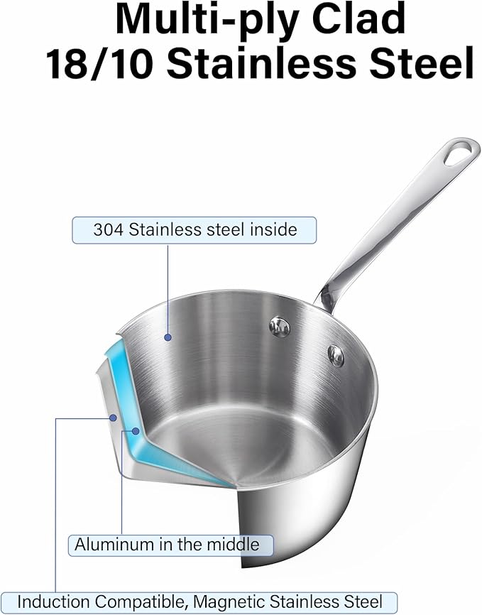 D&M Butter Warmer 0.39 Quart, Multi-Ply Clad Stainless Steel Milk Frother and Chocolate Melting Pot, Small Saucepan for Induction Stovetop, Coffee, Butter, Syrup