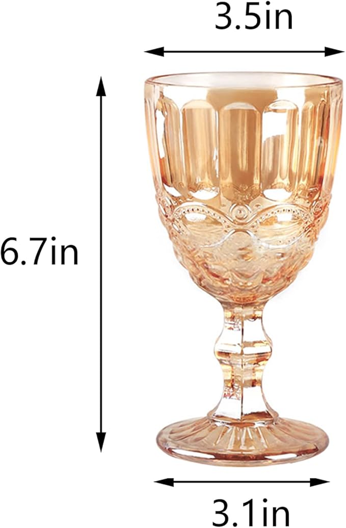 Vintage Wine Glasses Set of 6, 10 Ounces Colored Glass Water Goblets, Unique Embossed Pattern High Clear Stemmed Glassware Wedding Party Bar Glass Drinking Cups Floral Amber