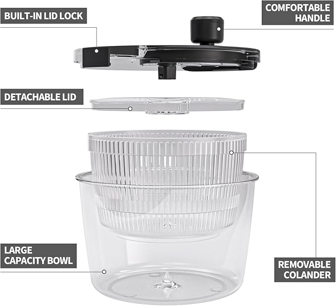 Cambom Salad Spinner Lettuce Spinner, Wash, Spin & Dry Salad Greens, Vegetable Washer Salad Dryer With Rotary Handle for Fruits & Vegetables, High Efficiency Vegetable Spinner Kitchen Gadget 3Qt Black