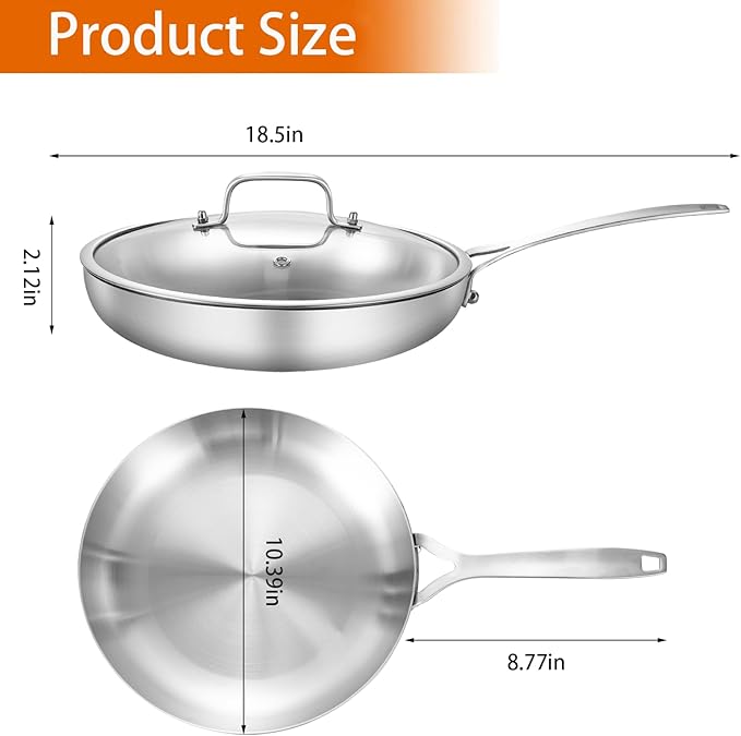DELARLO 10inch Tri-Ply Stainless Steel Pan with lid, Induction Stainless Steel Frying Pan With Lid, Oven Safe Skillet 10in, Heat quickly and evenly, Durable Stainless Steel Cookware