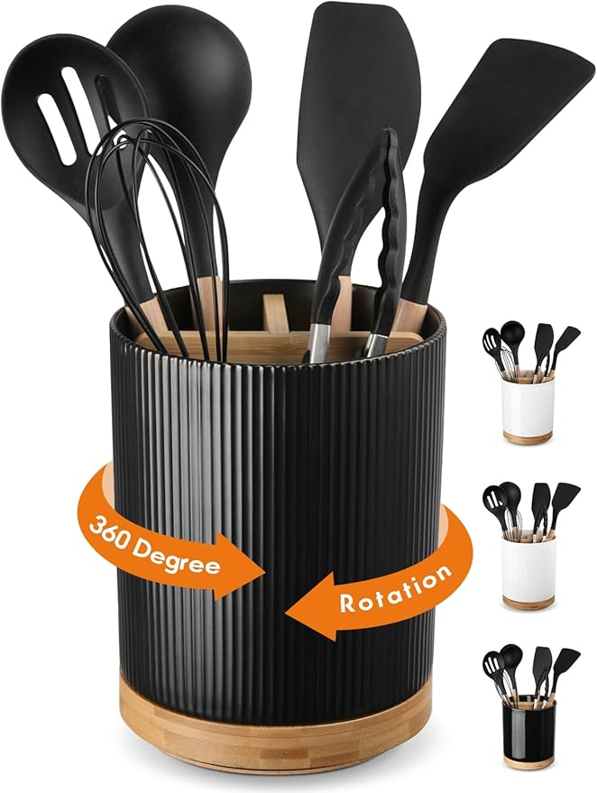 LoeJan 3 Compartment Utensil Holder, Extra Large Utensil Crock, Stable Ceramic Utensil Organizer, Cooking Tool Organizer Set for Kitchen Counter Farmhouse Decor (B-Black(Vertical Stripe))