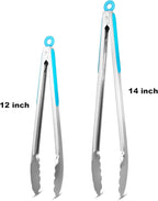 304 Stainless Steel Kitchen Cooking Tongs, 12" and 14" Set of 2 Sturdy Grilling Barbeque Brushed Locking Food Tongs with Ergonomic Grip, Blue
