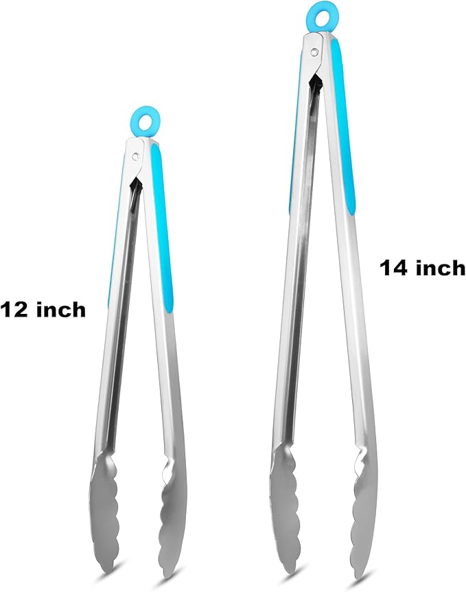 304 Stainless Steel Kitchen Cooking Tongs, 12" and 14" Set of 2 Sturdy Grilling Barbeque Brushed Locking Food Tongs with Ergonomic Grip, Blue