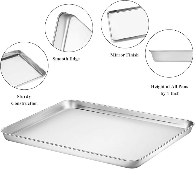 Wildone Baking Sheet Set of 2 - Stainless Steel Cookie Sheet Baking Pan, Size 12 x 10 x 1 inch, Non Toxic & Heavy Duty & Mirror Finish & Rust Free & Easy Clean